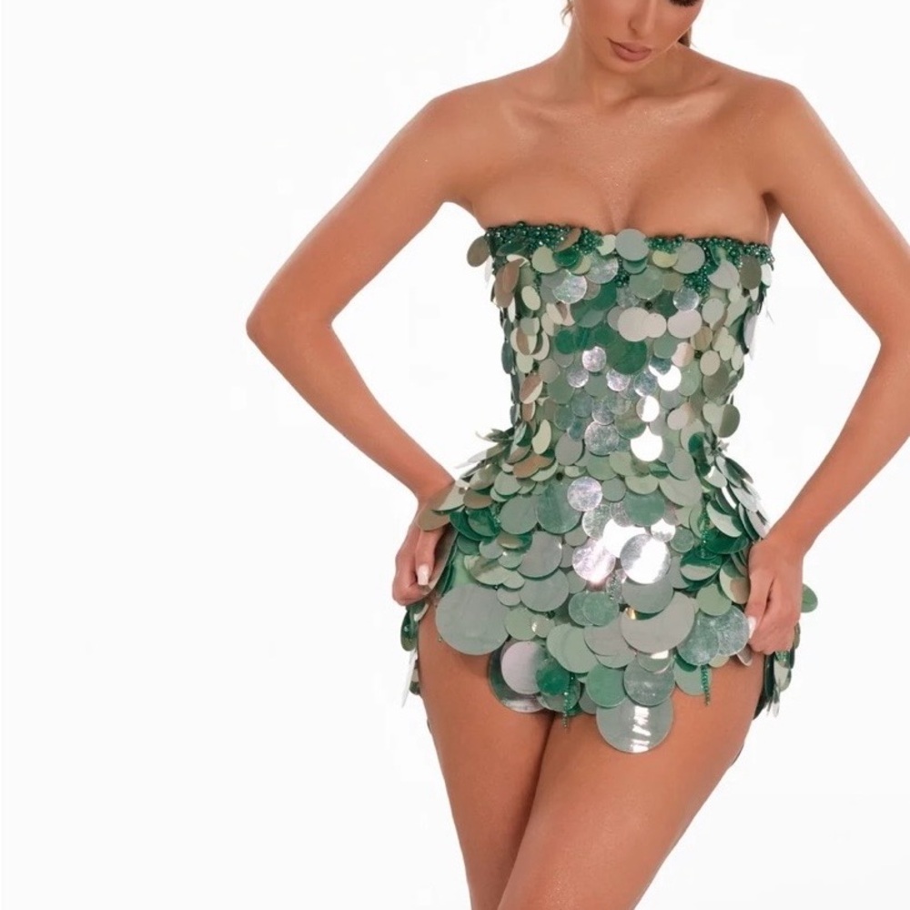 Teal sparkly big sequined dress. Corset top for a good snatch.